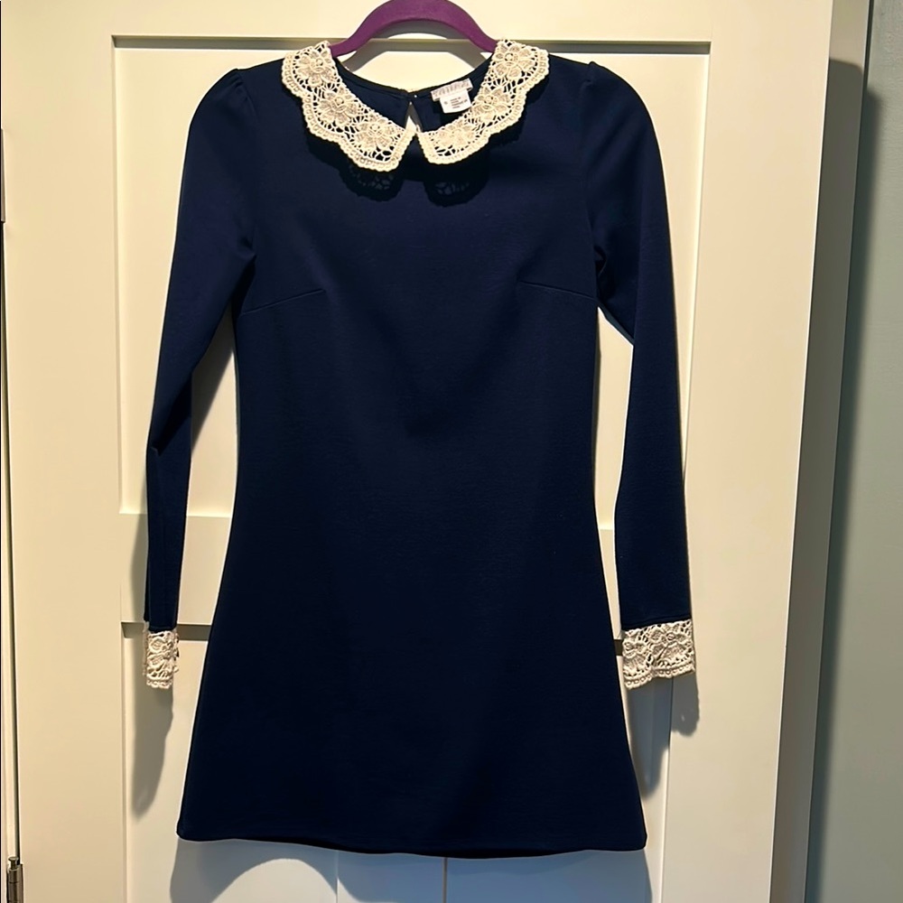 Cooperative Navy Blue Mini Dress with Lace Accents
